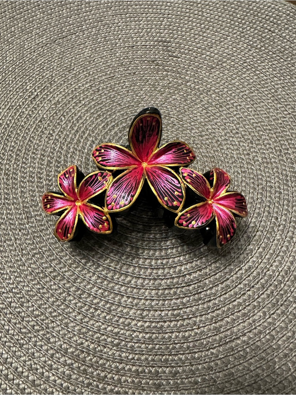Pink Floral Triple Flower Hand Painted Hair Claw Clip